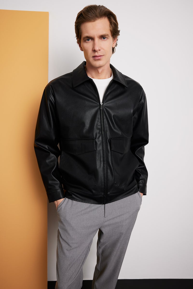 DeFacto Black Man Slim Fit Lined Zippered Faux Leather Jacket Casual - Image 1